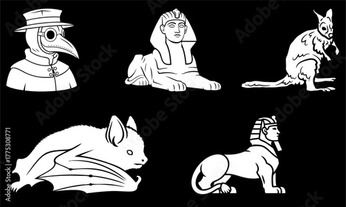 Ancient Myth Creatures and Plague Doctor Icon Set – Black and White Vector Illustrations