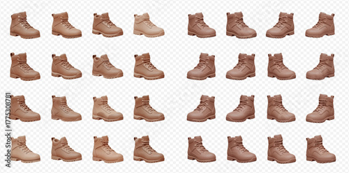 A grid of many identical brown leather work boots and hiking boots arranged neatly on a transparent background, showcasing footwear design.