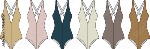 Fashion flat-lay illustrations of a women's one-piece swimsuit in six solid colors. Features a deep V-neck and criss-cross back straps, suitable for modern swimwear design