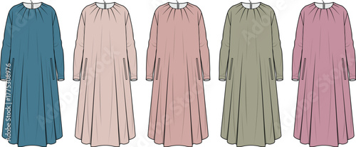 Five flowing smock dresses in various colors, featuring gathered necklines and long sleeves
