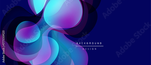 Abstract shapes overlap, creating vibrant color gradients. Blue, purple, pink hues dominate design. Modern, fluid aesthetic.