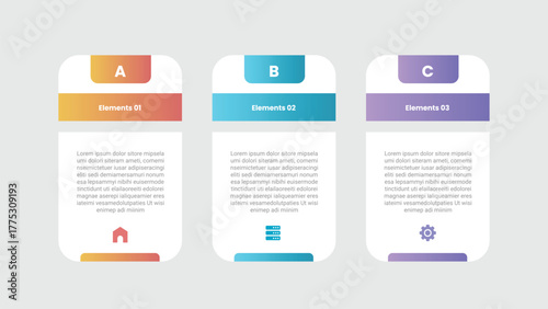 3 points infographic with gradient style with round rectangle box with tall shape and round badge on top with 3 elements stages
