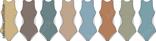 A stylish collection of women's one-piece swimsuits, featuring a harmonious spectrum of colors from warm earthy tones to refreshing cool hues, ideal for versatile summer beachwear