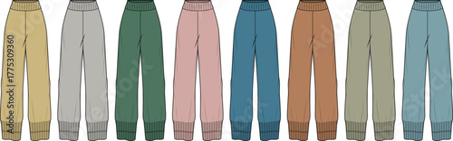 Diverse collection of comfortable casual pants in a wide array of colors, perfect for loungewear, everyday wear, and versatile fashion styling