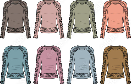 Eight distinct flat illustrations of women's long-sleeved tops. Varied colors and unique textured sleeve/bodice patterns, ideal for fashion design and apparel concepts