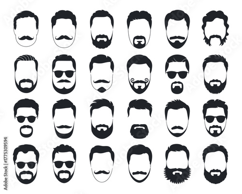 Diverse Collection of Bearded Male Faces with Various Hairstyles and Facial Hair Styles