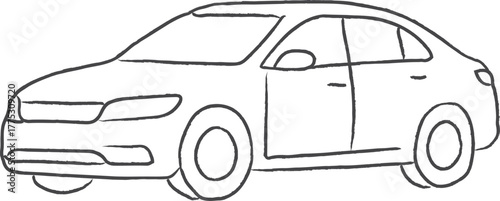 Compact sedan side view with open driver door outline