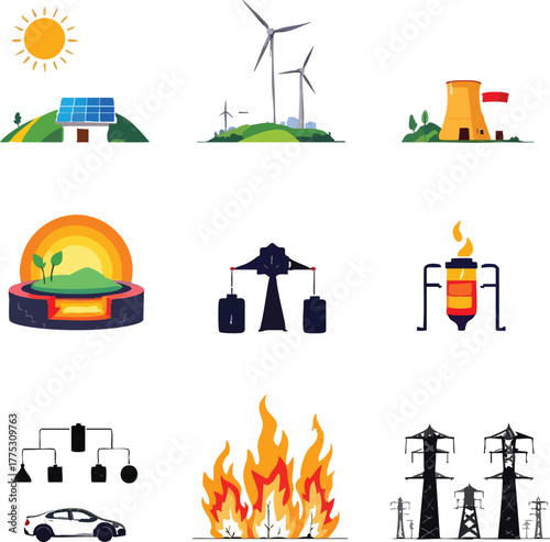 PrintEnergy source icon set with solar, wind, nuclear, geothermal, gas, EV, fire, and power grid elements