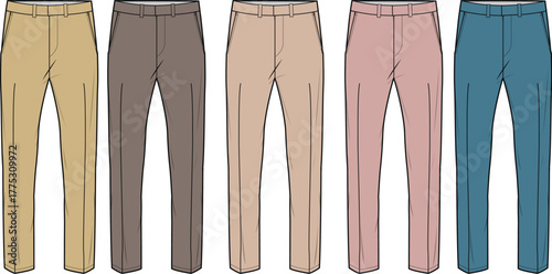 Collection of stylish trousers in various colors, perfect for a versatile wardrobe. Flat design
