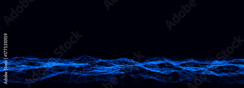 Abstract technology wave of particles. Big data visualization. Vector dark background with motion dots and lines. Artificial intelligence.