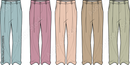 Collection of diverse colored men's tailored dress pants showcasing a versatile fashion apparel range, perfect for professional or casual styling in various seasonal palettes