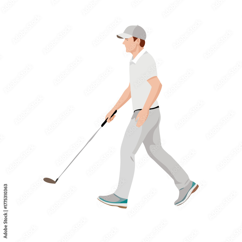 Obraz premium Golfer Walking on the Course with Club. Male Player Striding in White Uniform Vector