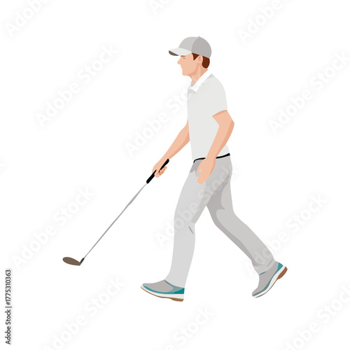 Golfer Walking on the Course with Club. Male Player Striding in White Uniform Vector