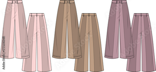 Fashion flat sketch of wide-leg palazzo pants with belt loops and front pleats, shown in three neutral color variations for a modern wardrobe