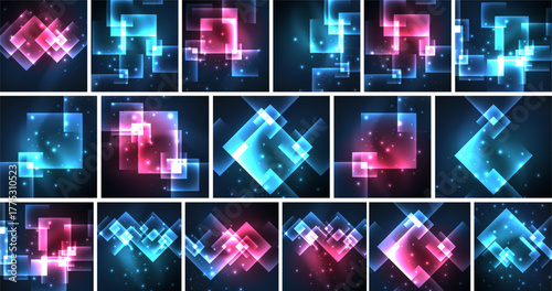 Bright neon squares overlap, creating abstract patterns. Pink, blue hues dominate dark background. Geometric shapes glow intensely.