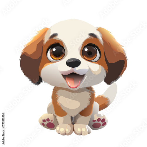 Super Cute Puppy Dog Sitting. Happy Cartoon Baby Dog with Big Eyes Vector Illustration
