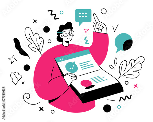 Minimalist Inventor Illustration, Vibrant Pink and Teal