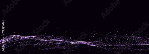 Abstract vector technology wave of particles. Big data visualization. Dark background with motion dots and lines. Artificial intelligence.