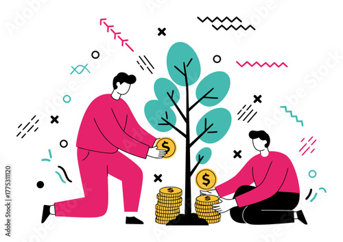Planting Money Tree for Growth, Minimalist Flat Vector Illustration