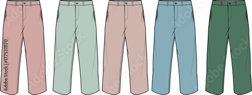 A row of five identical pairs of loose-fitting pants in pastel shades of pink, mint green, and light blue, displayed against a white background