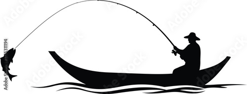 Angler silhouette in boat catches leaping fish with fishing rod iconic outdoor hobby vector