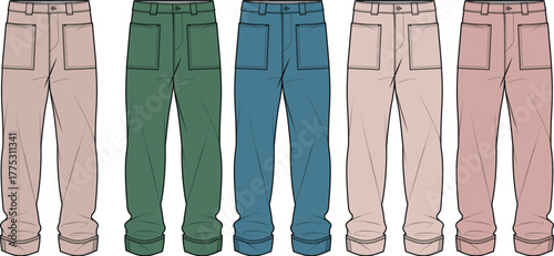 Concept illustration of multiple stylish and comfortable casual trousers in a variety of color options for everyday wear and versatile fashion