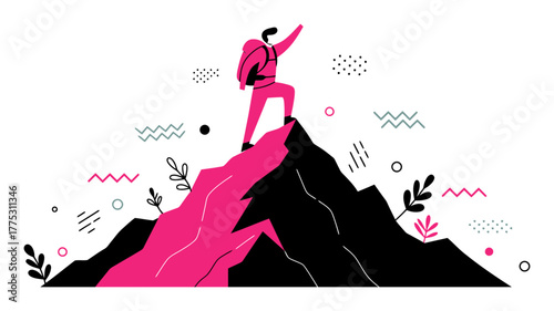 Minimalist Flat Vector Illustration of Person Reaching Mountain Peak Summit