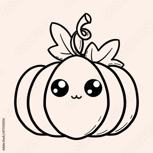 Cheerful cute kawaii pumpkin coloring pages for kids. Hand drawn funny pumpkin character with happy face. Vector coloring page in outline style for kids design and print