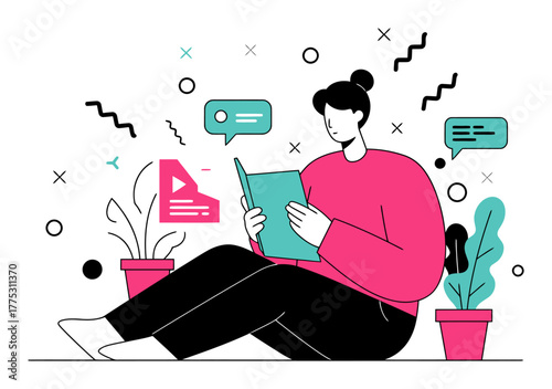 Person Reading Product Reviews, Minimalist Flat Vector Illustration