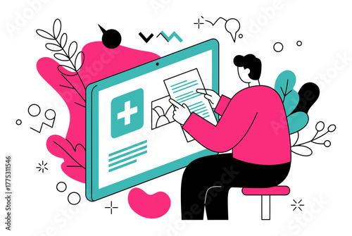 Doctor Reviewing Medical Records Online Minimalist Vector Illustration