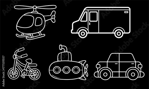 Vehicle Icon Set – Helicopter, Van, Bicycle, Submarine, and Car Outline Vector Pack