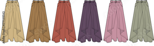 Fashion design technical flat sketch set of a long maxi skirt with an asymmetrical hem and pockets, shown in a variety of modern color options for apparel concepts