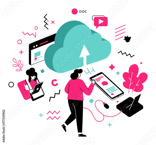 Cloud Syncing Devices Minimalist Flat Vector Illustration