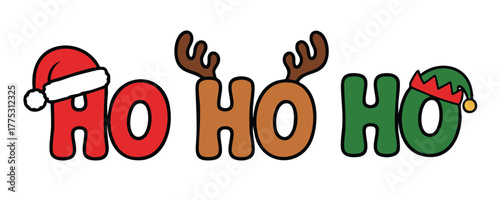 Ho Ho Ho Christmas Text with Santa, Reindeer, and Elf Details, Retro Style Ho Ho Ho Design, Funny Christmas Quote Vector Graphic, Holiday Ho Ho Ho Lettering with Hats and Antlers, illustration, vector