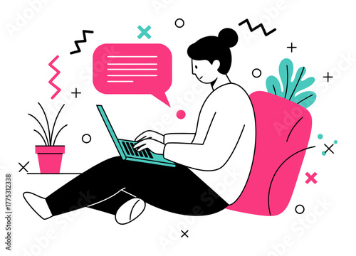 Minimalist Flat Vector Illustration of Person Working from Home on Laptop
