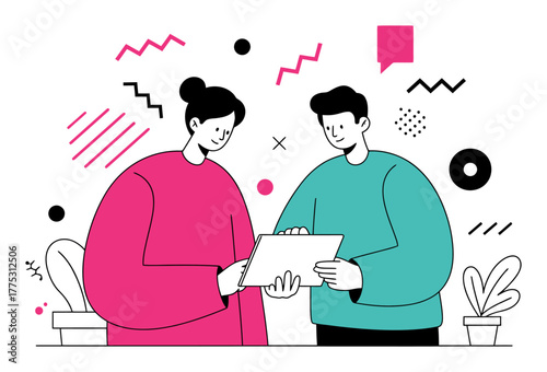Collaborating Teammates with Tablet Minimalist Vector Illustration