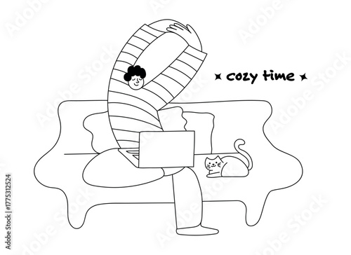 Cozy Time at Home with Laptop and Cat