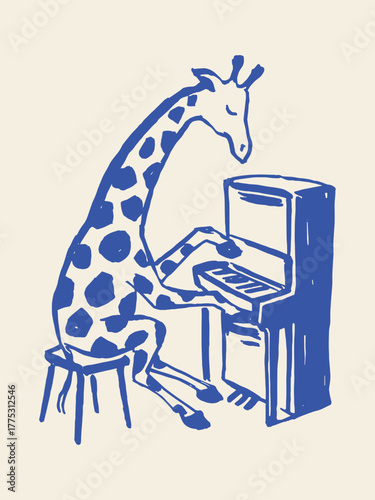 Giraffe playing piano, naive sketch vector illustration