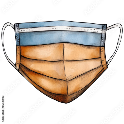 Surgical mask with pleated design, featuring blue top and orange bottom, symbolizes health and safety in modern times