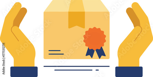 Secure package delivery hands holding box seal of quality certification vector