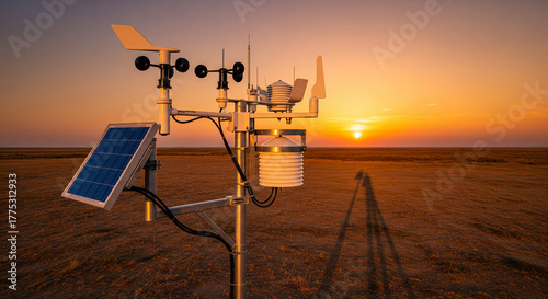 Weather station instruments against a vibrant sunset over a barren landscape, capturing data.