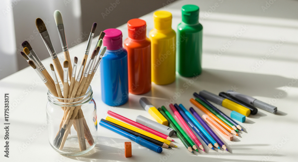 Fototapeta premium Art supplies including paintbrushes in a glass jar, colorful acrylic paints, pencils, markers, and an eraser are arranged on a white surface.