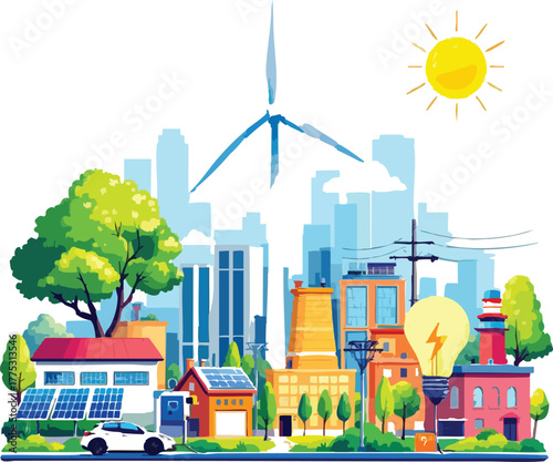 PrintSustainable cityscape with solar panels, wind turbine, electric car, and modern energy infrastructure