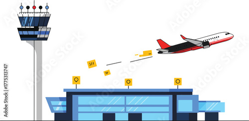 Air traffic control tower and modern airport terminal with jet airplane taking off vector