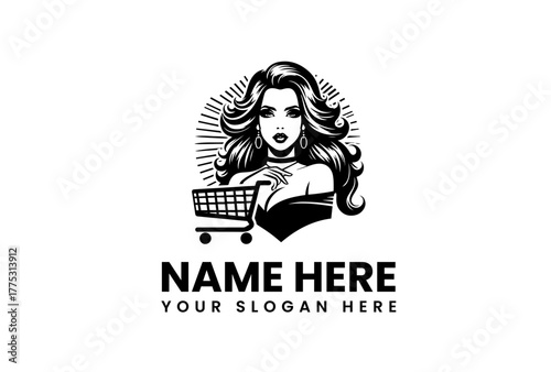 Classic beauty queen mascot logo with a shopping cart, perfect vector emblem for a retail store, boutique, or online shop