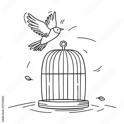A bird flies in the zoo around a cage