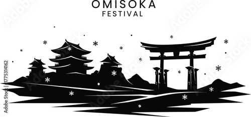 Traditional Japanese torii gate and pagoda silhouette for Omisoka Festival celebration