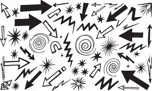 Hand drawn directional arrows doodle elements star bursts spirals scribbles graphic illustration set isolated background transparent design concept marker style