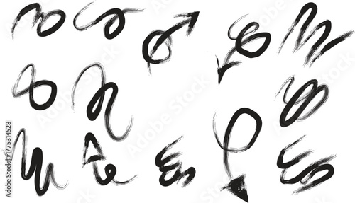 Thick sketchy brushstroke doodle arrows abstract scribbled grunge elements vector set hand drawn texture loops swirl pointers transparent background