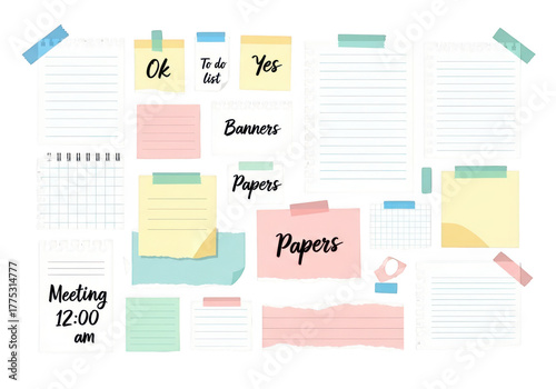 Paper notes and stickers isolated on transparent background
